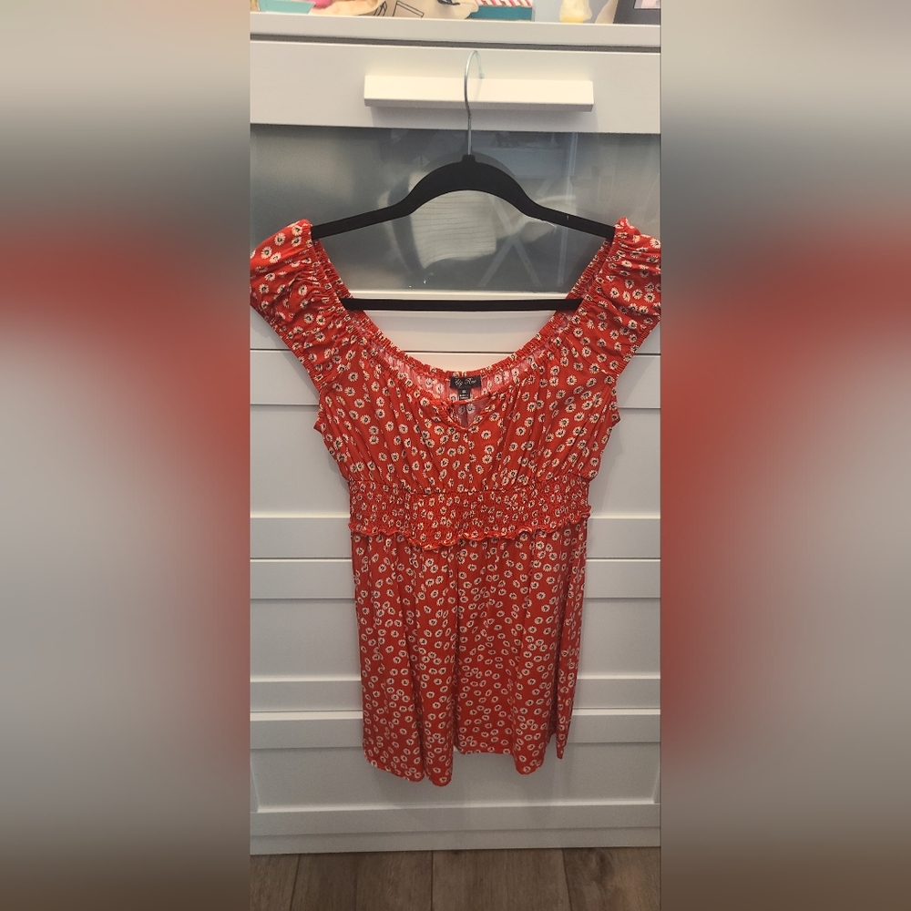 Red floral sun dress, with puff sleeves